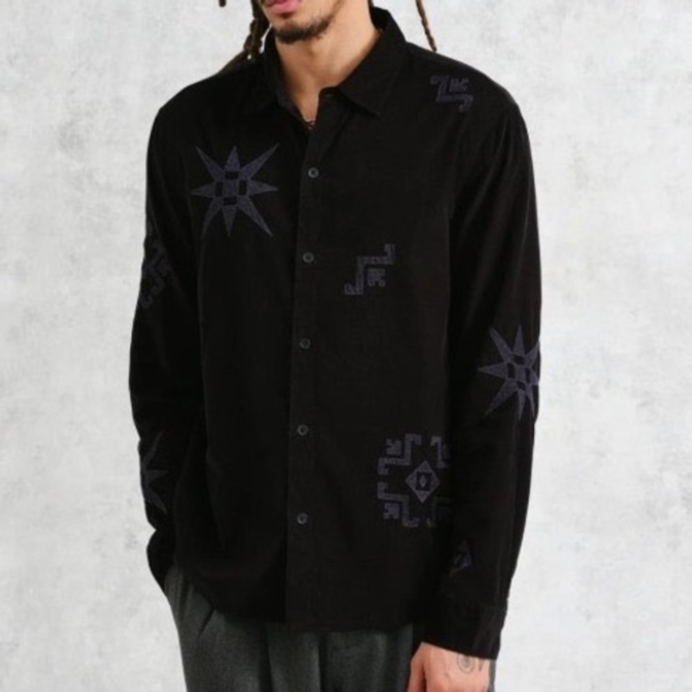 Wax London Mens XXL Black Corduroy Embroidered Star Geometric Button Down Shirt